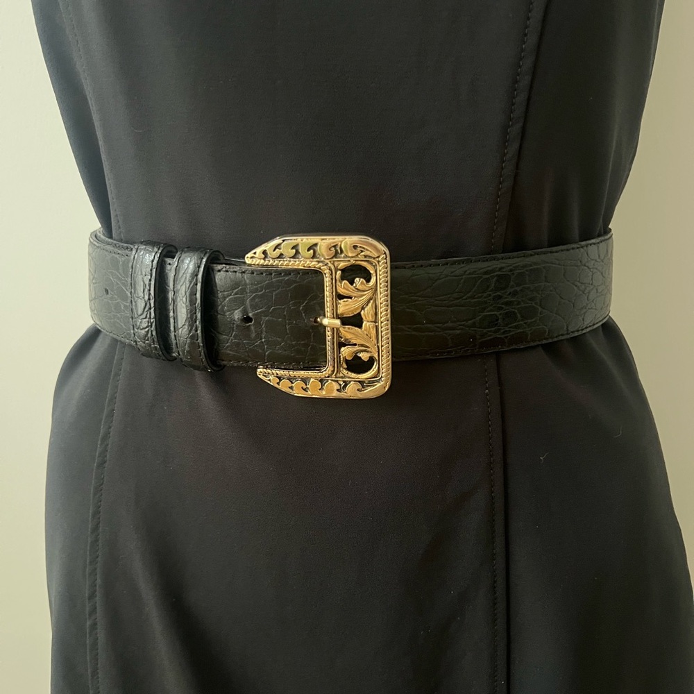 Black Leather Croc Embossed Belt with Ornate Gold Buckle - Women's Accessory